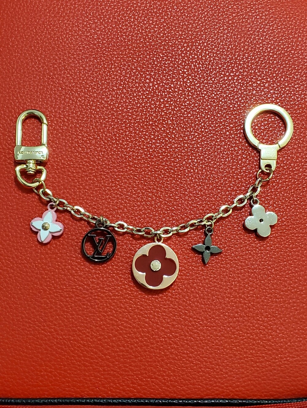 Gold-Tone Bag Charm Key Holder with Pink, Black and White Accents